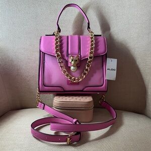 Aldo Fuchsia Satchel Bag With Gold Chain detail and lion head
